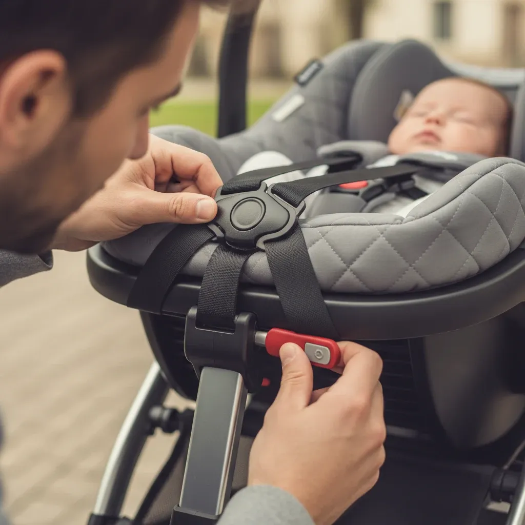 Pai inspecionando carrinho de bebê com cinto de segurança e capota UV50+