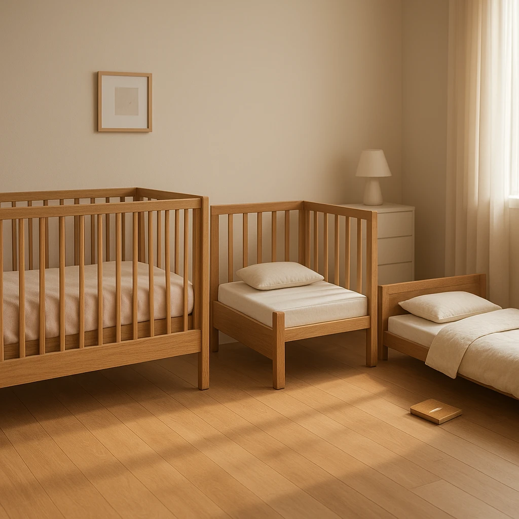 Berço 3 em 1 em três fases: recém-nascido, transição e cama infantil.