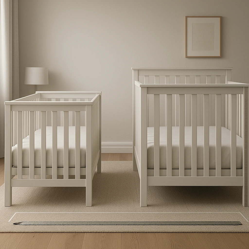 Comparativo visual entre berço nacional e berço americano em quarto de bebê