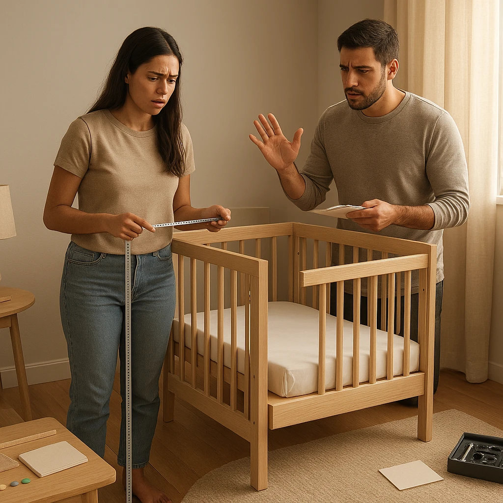 Berço conversível medido em quarto pequeno, com pais avaliando dimensões, material e certificação Inmetro.