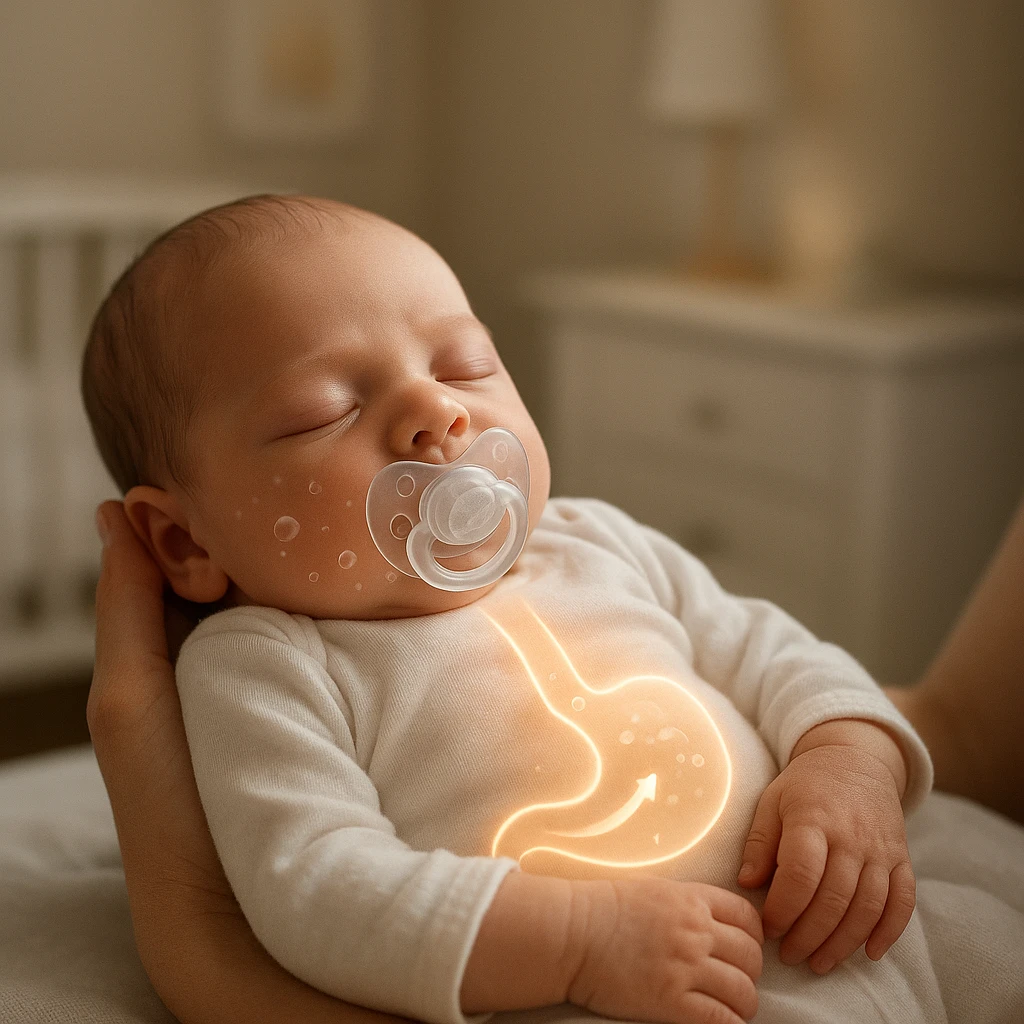 Bebê com chupeta anti refluxo em ambiente acolhedor, mostrando alívio de sintomas e conforto.