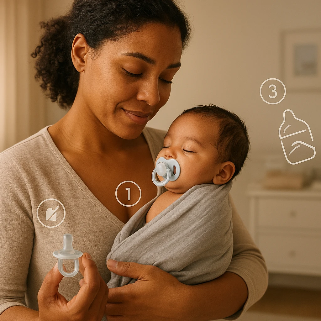 Pai ou mãe segurando bebê após mamada, orientando uso seguro da chupeta anti refluxo.