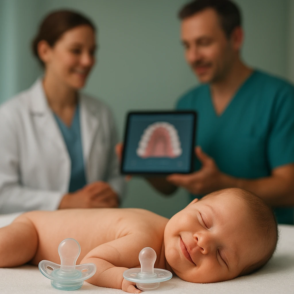 Chupeta ortodôntica e bico redondo em consulta pediátrica sobre o palato do bebê.