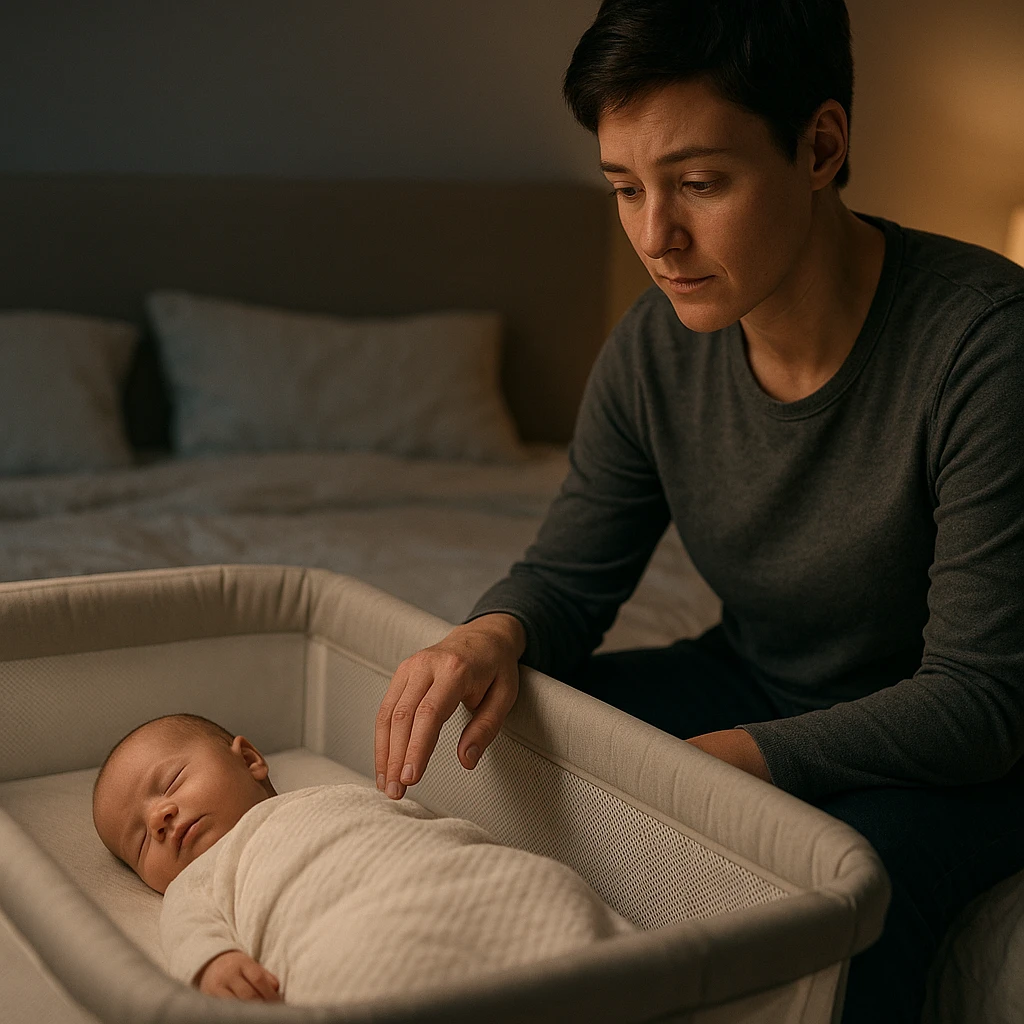 Pai e bebê em co-sleeper seguro, destacando riscos do co-sleeping tradicional