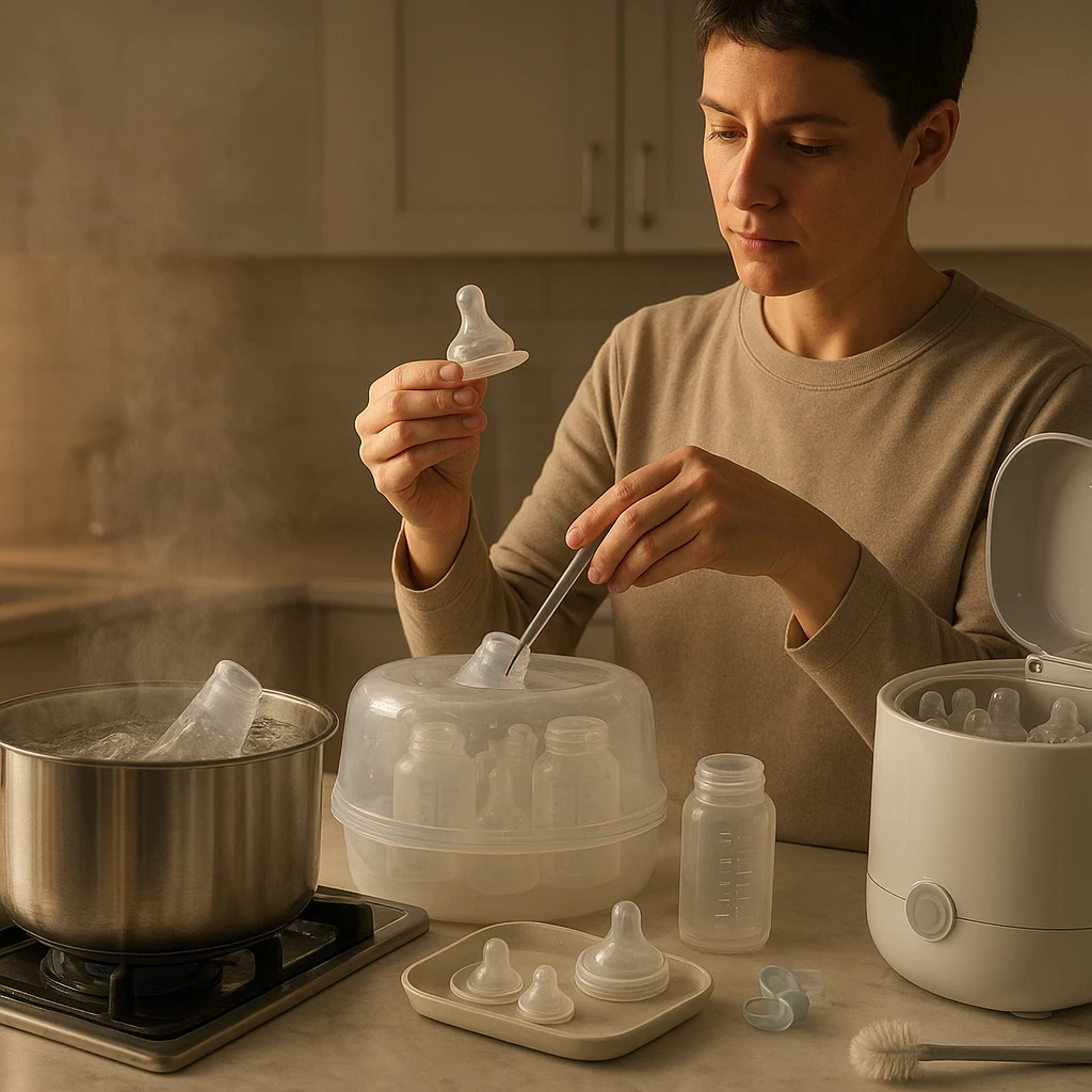 Pais esterilizando mamadeira com segurança em cozinha limpa, foco na higiene do bebê