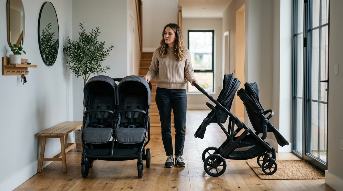 Carrinhos de bebê lado a lado e tandem em comparação para rotina diária.