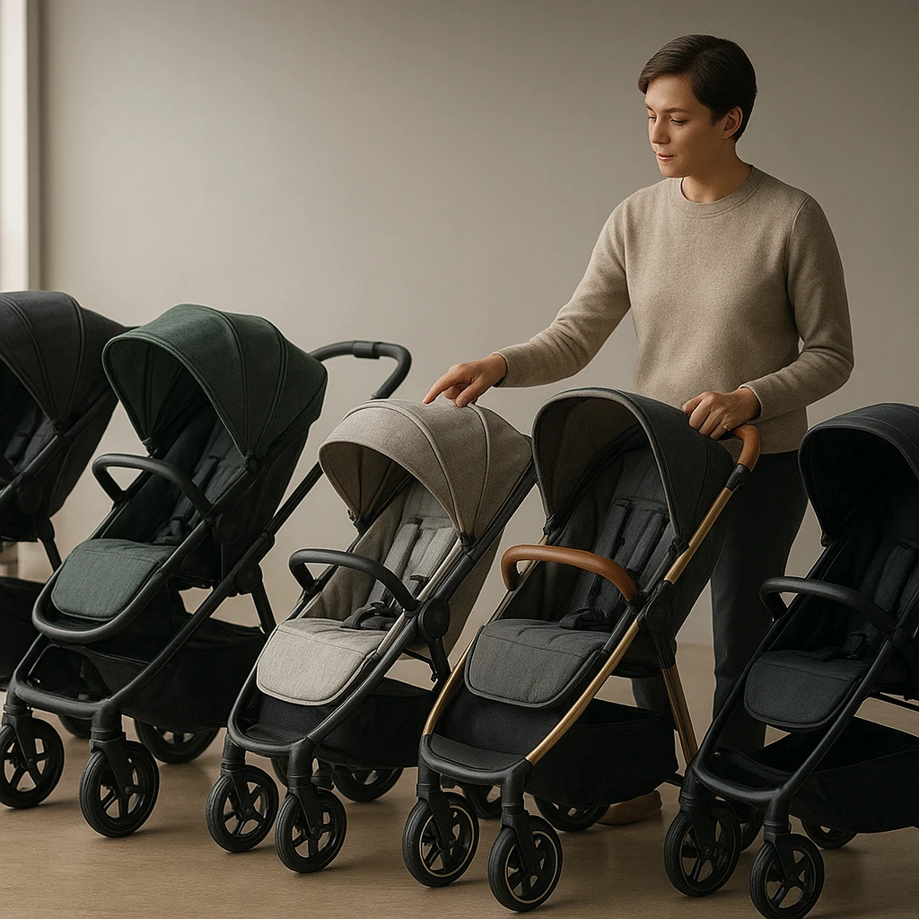 Comparação de carrinhos de bebê em showroom com foco em escolha segura e errada