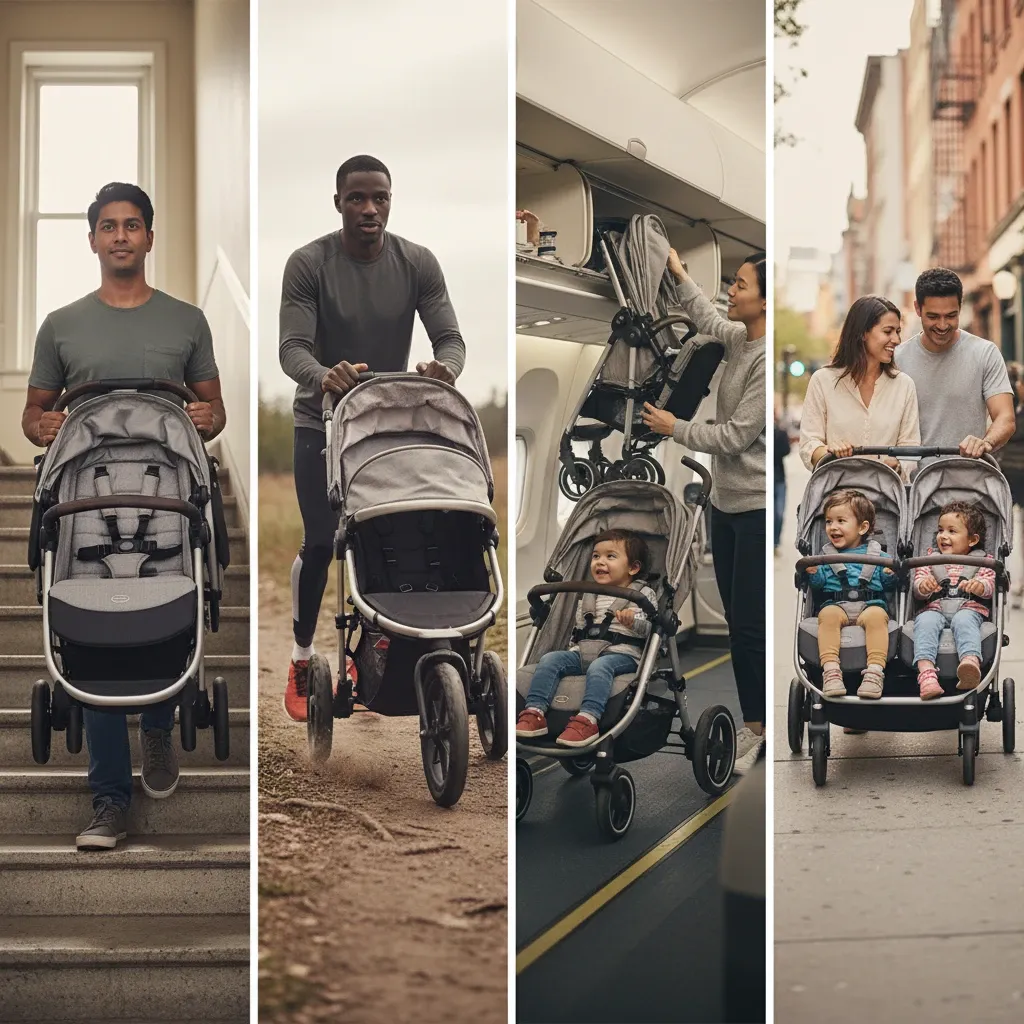 Variedade de carrinhos de bebê para diferentes estilos de vida, com destaque para o carrinho all-terrain.